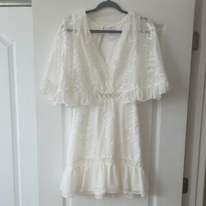 Selfie Leslie White Lace V-Neck Mini Dress with Ruffle Trim